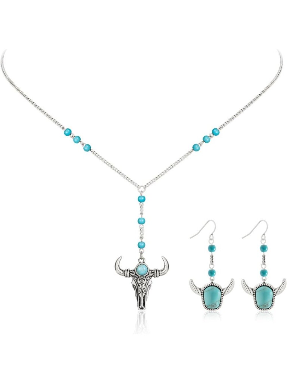 Western Turquoise Bull Head Jewelry Set for Women - Wrangler Style, Boho Chic